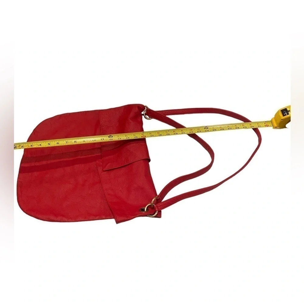 Red Leather Slouchy Shoulder Bag Purse w/Flap Closure Brass Hardware Vintage